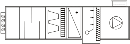 Внутренний блок прямоточного центрального кондиционера с секциями глушения шума и фильтрации.
